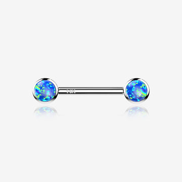 A Pair of 14 Karat White Gold OneFit Threadless Round Fire Opal Bezel Set Nipple Barbell-Blue Opal